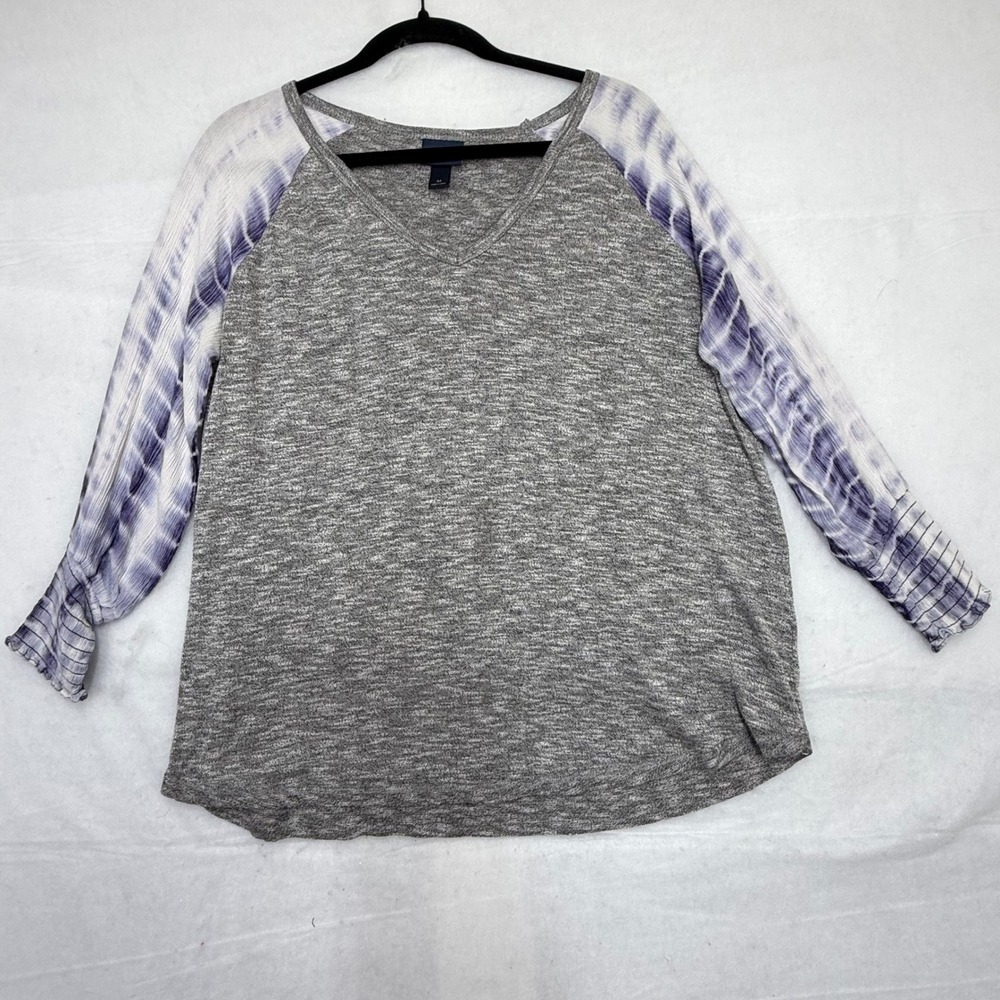 Daytrip Marled Grey V-Neck Top‎ Purple Tie Dye Crinkle Raglan Sleeves Women's M
